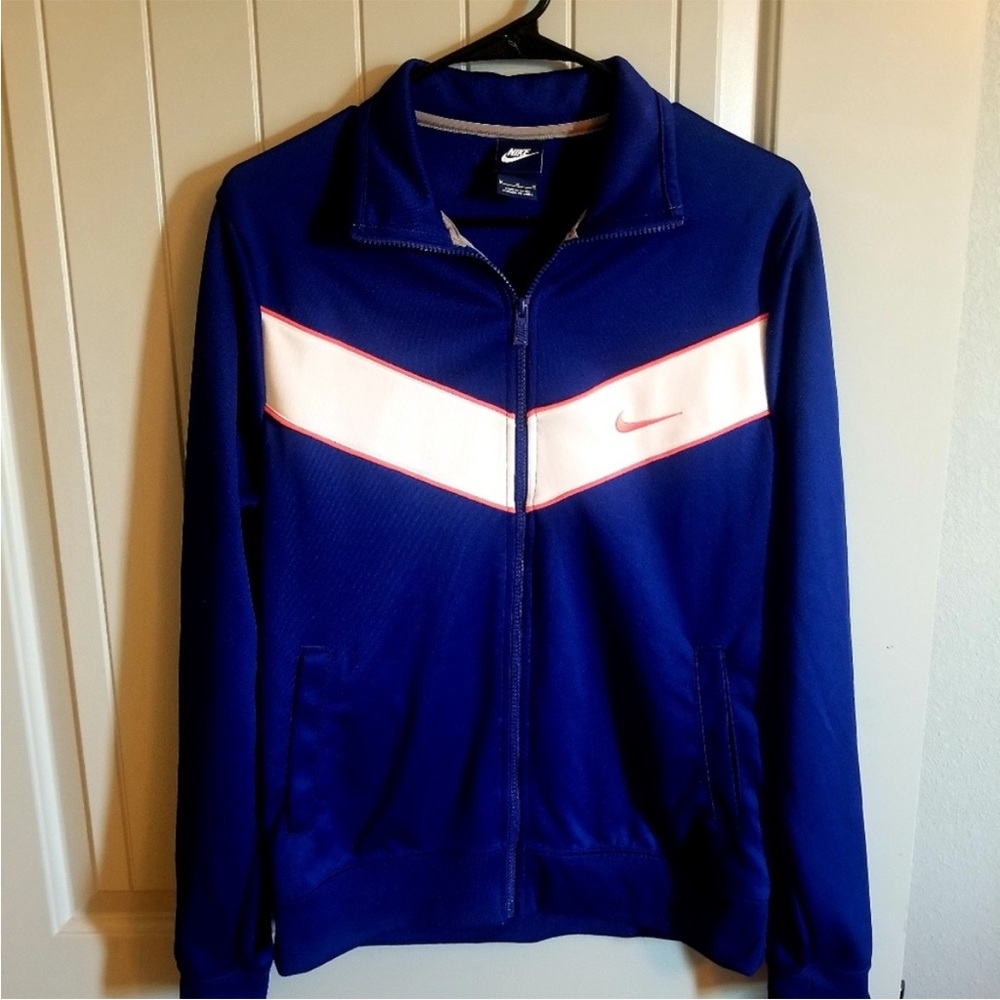 Nike Blue and White Track Jacket with Pink Logo